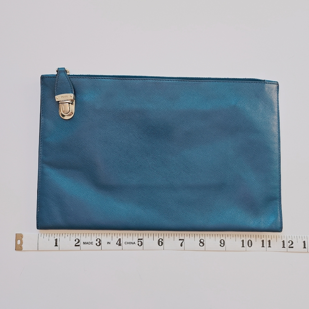 PRADA Saffiano Leather Blue Zipper Clutch Pouch Bag With Silver Hardware. - Picture 4 of 14
